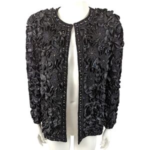 Laurence Kazar Vintage Beaded Embellished Silk Jacket Womens Small Black Formal